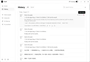 History list with search, raw ASR text, timings, and playback controls