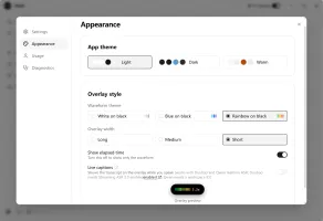 Appearance settings with app themes, waveform themes, overlay width, and live overlay preview