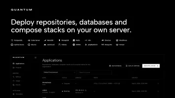 Quantum dashboard showing deployment of repositories, databases, and compose stacks