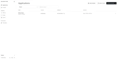 Applications table showing repositories, databases, templates, and compose stacks
