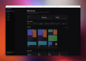 Control center dashboard with welcome screen, status strip, and view thumbnails
