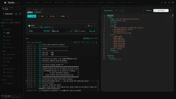 Stack detail view with Monaco editor, logs, shell, and environment management