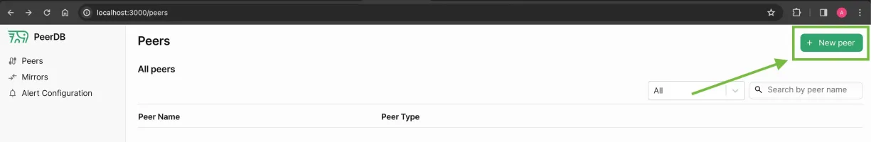 Peers page of the PeerDB dashboard with the Create Peer button