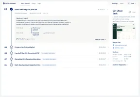Dashboard work timeline for a recorded follow-up desk product run