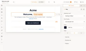 Templatical editor preview showing drag-and-drop email builder with toolbar, canvas, and inspector panels