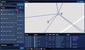 MeshSense main UI showing mesh network map with nodes and connections