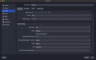 OBS output settings page with x264 encoder configuration
