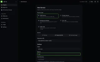 New service form with web, private, worker, cron, and static service types