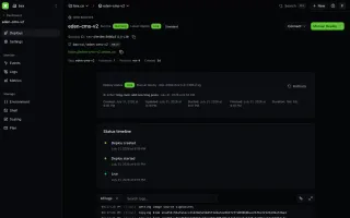 Live deploy detail with revision metadata, status timeline, rollback, and build logs