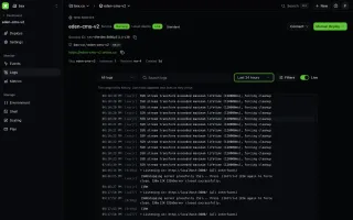 Live service logs with search, range, and filter controls