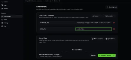 Environment variables and secret files with save-and-deploy workflow