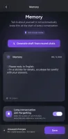 Memory screen showing a plain-text list of facts you can read, edit, or switch off