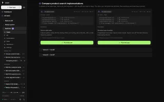 Variants comparison showing diffs from multiple agent runs side by side