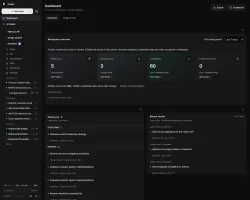 Workspace dashboard with task counts, review requests, and recent results