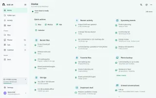 Desktop workspace overview with files, activity, events, storage, photo backup, mail, and conversations