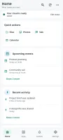Mobile workspace overview with quick actions, recent files, and photo backup