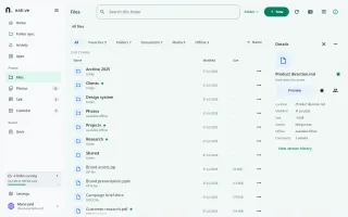 Desktop Files workspace with navigation, file list, filters, search, actions, and details inspector