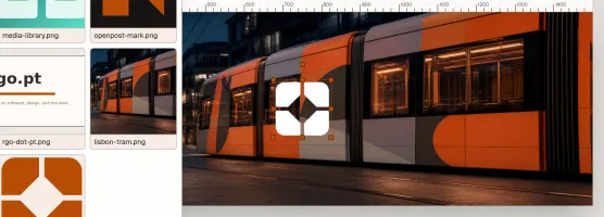 OpenPost image editor with editable design and tram photo