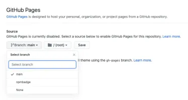 GitHub Pages setup screenshot showing the Pages configuration in repository settings