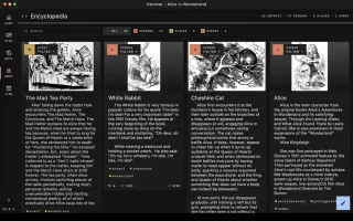 Encyclopedia with illustrated character, place, and event entries