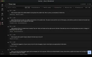 Timeline showing dated, tagged story events