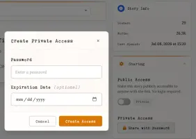 Private sharing dialog with password and expiry options