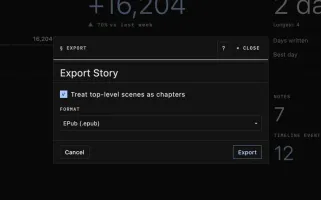 Export dialog with format picker (Markdown, EPUB, PDF, Word, RTF)