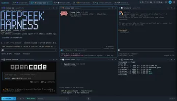 Tile grid with six live agent sessions side by side (DeepSeek Harness, Claude Code, Pi, Codex, OpenCode, shell)