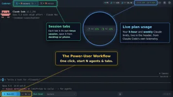 Codeman dashboard tour showing session tabs per case, one-click Run for new agents, live plan usage in header