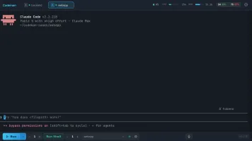 Desktop dashboard with session tabs across projects, live terminal, plan-usage chips in header