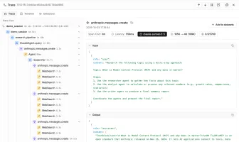 Research agent trace showing nested model and tool calls alongside inputs and outputs