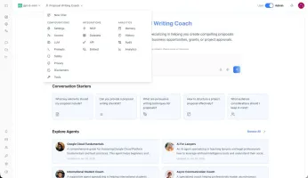 Agent configuration screen showing LLM, prompts, safety filters, and conversation starters