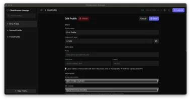 CloakBrowser Manager profile list with per-profile fingerprint seed, proxy, timezone, and GPU family