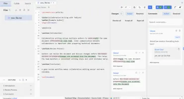 TeXlyre editor with tracked edits and the review panel open