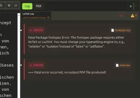 LaTeX compilation in progress with error panel and PDF output