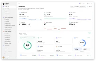 Dashboard with request, token, cost and cache KPIs and live system monitor
