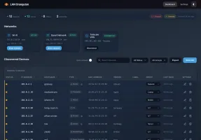 LAN Orangutan dashboard in dark mode showing the same network cards and device table