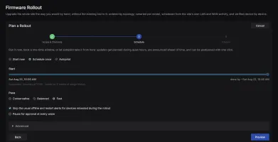 Firmware Rollout wizard Schedule step with start-time slider and live finish estimate