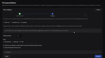 Firmware Rollout Autopilot planning rollouts into quietest window with 12-hour heads-up