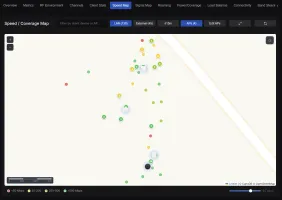 Speed/Coverage Map with 139 GPS-tagged LAN speed tests plotted on property color-coded by measured throughput