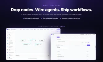 Visual workflow canvas with multi-agent orchestration, RAG and MCP nodes, human-in-the-loop checkpoints