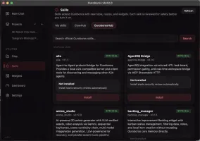 OuroborosHub inside the app showing official reviewed skills, each security-reviewed before enabling