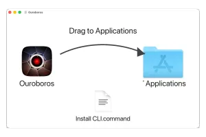 macOS DMG installation window showing drag-to-Applications arrow and Install CLI.command