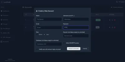 Create account screen in dark mode