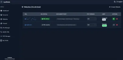 Websites management in dark mode