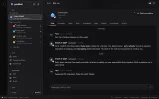 Main app window with glass sidebar showing Chief of Staff and four bots, chat pane with task breakdown