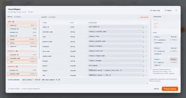 Visual Map editor showing main input, two lookups, per-output expressions, and inline filter