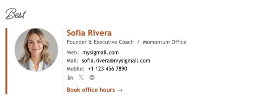 Founder & Executive Coach email signature template with photo and call to action