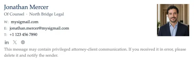 Of Counsel legal email signature template with photo and disclaimer