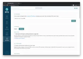 Settings page for configuring the Kubo node and pinning services